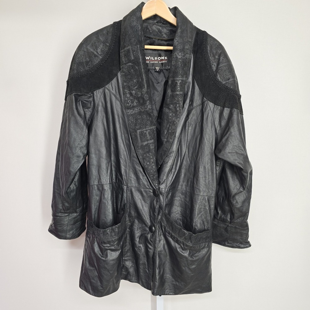Wilsons Womens Black Leather Jacket Suede‎ Embossed Vintage Medium